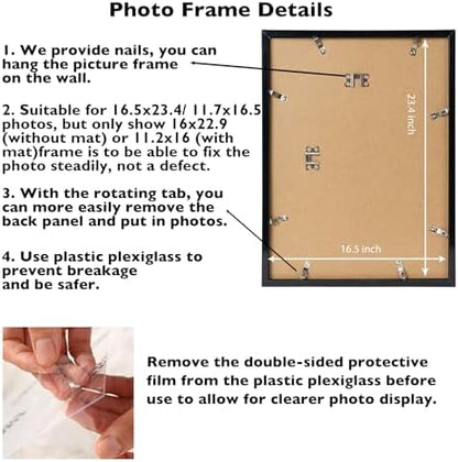 16.5x23.4 A2 Picture Frame Black with 11.7x16.5 A3 Mat, Display Photo 11.7x16.5 with Mat or 16.5 x 23.4 Without Mat, Wall Hanging Large Frame with Plexiglass, Black