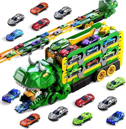 Toddler Car Truck Toys Gifts for 3 4 5 Years Old Boys, Dinosaur Transport Truck Cars Tracks Toys with 12 Pcs Die-Cast Cars, Transforms into Dino, Toy Gifts for 3 4 5 6 Year Old Boys