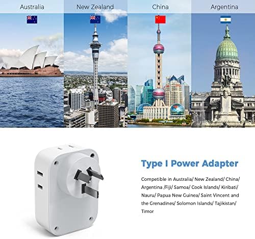 Australia New Zealand Power Adapter, TESSAN Type I Travel Adaptor with 4 American Outlets 3 USB Charger (1 USB C Port), Plug for US to Australian China Argentina Fiji Cook Islands AU