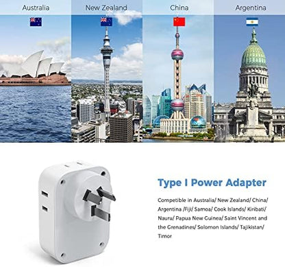 Australia New Zealand Power Adapter, TESSAN Type I Travel Adaptor with 4 American Outlets 3 USB Charger (1 USB C Port), Plug for US to Australian China Argentina Fiji Cook Islands AU