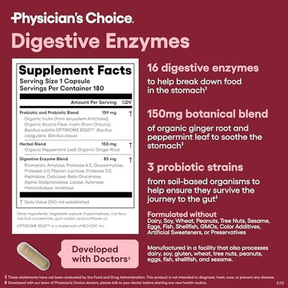 Physician's CHOICE Digestive Enzymes - Multi Enzymes, Organic Prebiotics & Probiotics for Digestive Health & Gut Health - Meal Time Discomfort Relief & Bloating - Dual Action Approach - 180 CT