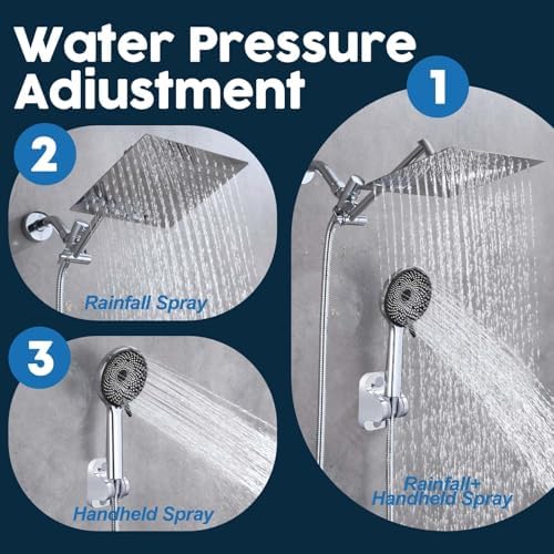 Shower Head,8”Rain Shower Head with Handheld Spray Combo with 11'' Angle Adjustable Extension Arm/Flow Regulator/Shower System,High Pressure Rainfall Shower Head Bathroom,Chrome