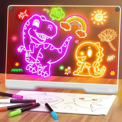 16-Inch Rechargeable Doodle Glow LED Note Board, 7-Color Light Modes, Neon Art Dry Erase Light Up Drawing Pad with Built-in Stand, Sketching Gift Toy for Kids/Girls/Teens, 5 Markers & Tracing Book