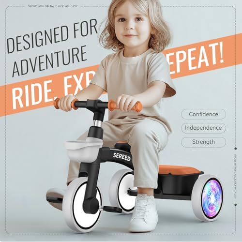 SEREED Colorful Lighting Toddler Tricycle for 2-5 Years Old Boys, Adjustable Seat&Handlebar Trike, Removable Basket, Birthday Gift Idea for Kids Ages 2+ (Black)