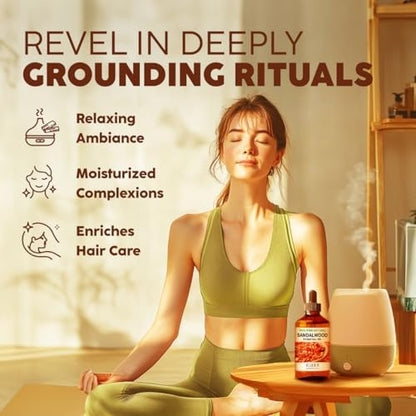 Kukka Sandalwood Essential Oil for Diffuser & Skin - 4 Fl Oz - 100% Pure Natural Sandalwood Oil, Woody Scent, for Massage, Perfume, Hair, Aromatherapy, Candle & Soap Making Scent DIY