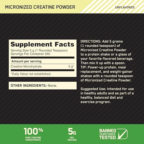 Optimum Nutrition Micronized Creatine Monohydrate Powder, Unflavored, 240 Servings, 1200 Grams (Packaging May Vary)