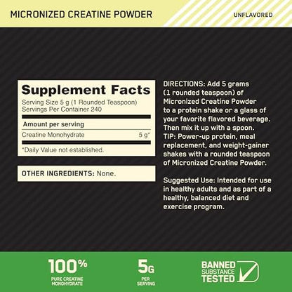 Optimum Nutrition Micronized Creatine Monohydrate Powder, Unflavored, 240 Servings, 1200 Grams (Packaging May Vary)