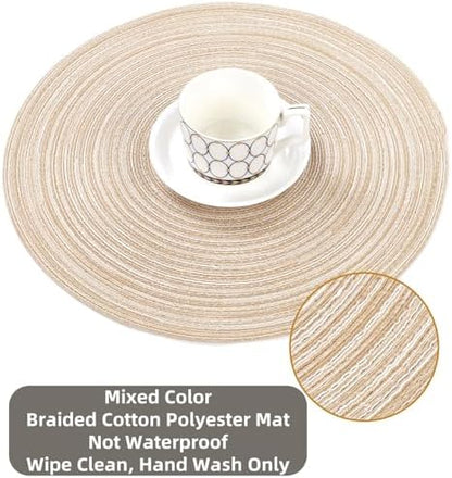 SHACOS 15 inch Round Braided Placemats Set of 6 Non Slip Heat Resistant Cotton Polyester Table Mats Washable Place Mats for Dinner Party Table Decoration (Beige, 6)