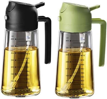 TrendPlain 16oz/470ml Glass Olive Oil Sprayer for Cooking – 2 in 1 Olive Oil Dispenser Bottle for Kitchen Gadgets and Air Fryer Accessories, Salad, BBQ - Black & Green