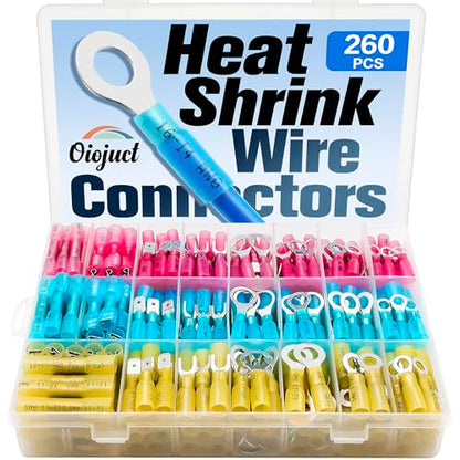 260Pcs Heat Shrink Wire Connectors Kit - Marine Automotive Electrical Connectors - Crimp Terminal Set for Electrical Wiring - Waterproof Fork Spade Ring Butt Connector Assortment