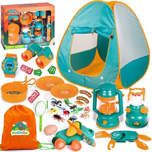 FUN LITTLE TOYS Kids Camping Set with Pop Up Play Tent Camping Toys with Battery Lantern and Drawstring Bag Indoor Outdoor Pretend Play, Christmas Birthday Gifts for Boys
