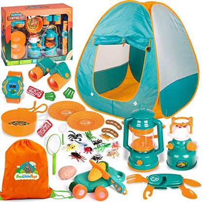 FUN LITTLE TOYS Kids Camping Set with Pop Up Play Tent Camping Toys with Battery Lantern and Drawstring Bag Indoor Outdoor Pretend Play, Christmas Birthday Gifts for Boys