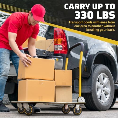 Heavy Duty Foldable Push Cart Dolly | 330 lbs. Capacity | Upgraded Collapsible Hand Truck Platform with Swivel Wheels | Flat Bed Moving Wagon | Space Saving Push Handle (Yellow)
