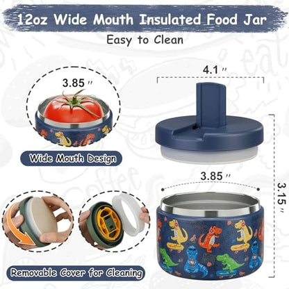 12oz Insulated Vacuum Food Jar with Buckle Lid Wide Mouth Soup Thermo for Hot Food Kids Leakproof Stainless Steel Lunch Container (Blue-Dinosaur)