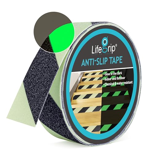 LifeGrip Anti Slip Traction Tape with Glow in Dark Green, 2 Inch x 38 Feet - Best Grip, Friction, Abrasive Adhesive for Stairs, Tread Step, Indoor and Outdoor, Green/Black (2 inch X 38 feet)