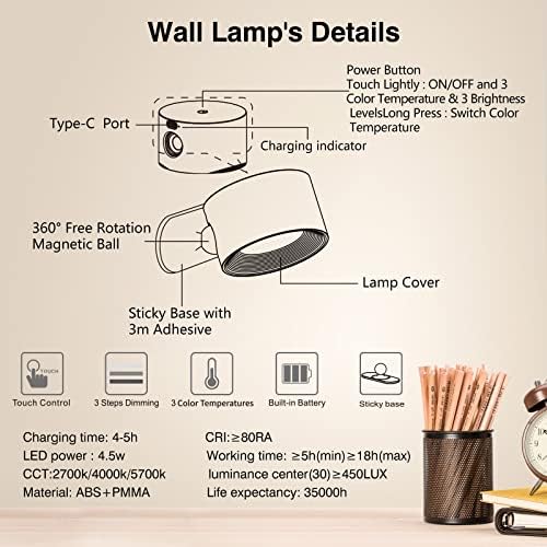 Koopala LED Sconces, Wall Mounted Lamps with Rechargeable Battery Operated USB Port 3 Color Temperatures & 3 Brightness Levels 360°Rotate Magnetic Ball, Cordless Lights for Reading Bedside