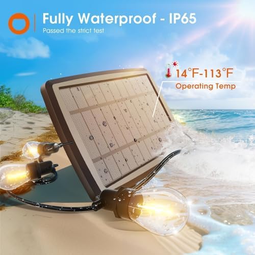 addlon 54FT(48+6) Solar String Lights Outdoor Waterproof with USB Charging & Remote Control - Dimmable Solar Power Patio Lights with LED Bulbs for Porch, Garden, Yard, Market, Bistro - Last for 20+Hrs