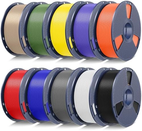 SUNLU PLA+2.0 3D Printer Filament Bundle,10KG Upgrade PLA Plus Filament 1.75mm, 3DFilament Multicolor, 1KG Spool, 10 Pack, Black+White+Grey+Blue+Red+Yellow+Olive Green+Orange+Purple+Wood Color