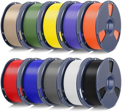 SUNLU PLA+2.0 3D Printer Filament Bundle,10KG Upgrade PLA Plus Filament 1.75mm, 3DFilament Multicolor, 1KG Spool, 10 Pack, Black+White+Grey+Blue+Red+Yellow+Olive Green+Orange+Purple+Wood Color