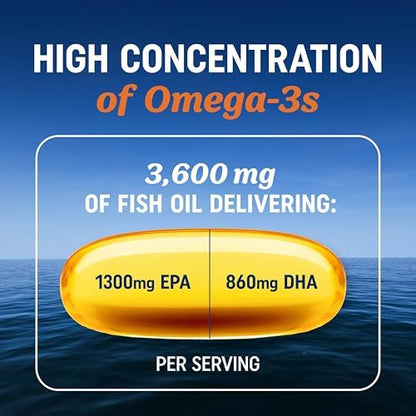 Triple Strength Omega 3 Fish Oil 3600 mg | EPA & DHA | Over 2100mg Omega-3 Fatty Acids | 1300mg EPA + 860mg DHA | Best Essential Fatty Acids | Premium Wild Caught & Burpless Fish Oil | 180 Ct