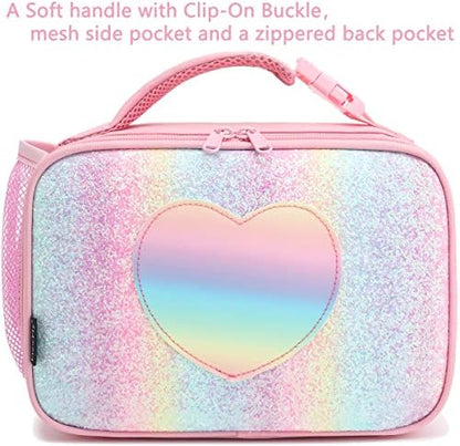 FlowFly Kids Lunch box Insulated Soft Bag Mini Cooler Back to School Thermal Meal Tote Kit for Girls, Boys, Glitter-RainBow