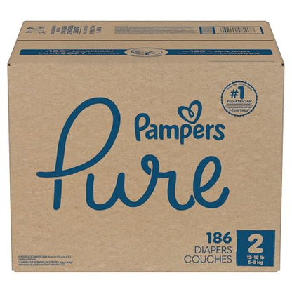 Pampers Pure Protection Baby Diapers, Size 2 (12-18 lbs), 186 Count, Up to 100% Leakproof, Premium Plant-Based Skin Protection, Hypoallergenic Soft Diapers