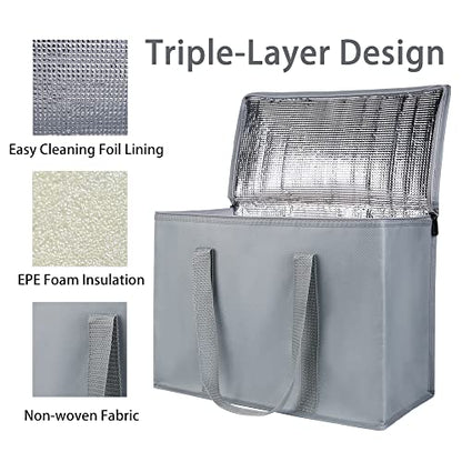 Bodaon 2-Pack Insulated Reusable Grocery Shopping Bags, X-Large Picnic Cooler Bag Zipper Zippered Top Cold, Grey