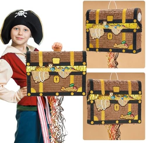 WERNNSAI Treasure Chest Piñata - Pull String Pirate Themed Piñata with Blindfold and Bat Adventure Birthday Party Decoration for Boys Kids Family Games Piñata Adventure Theme Party Supplies