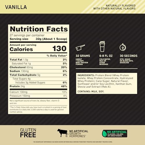 Optimum Nutrition Gold Standard 100% Whey Naturally Flavored Protein Powder, Vanilla, 1.9 Pound (Packaging May Vary)