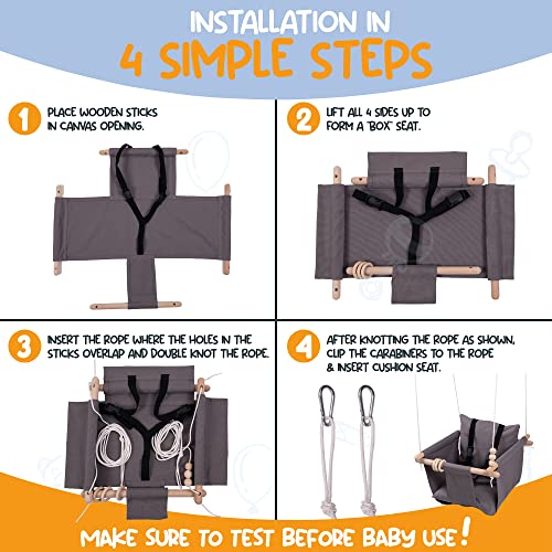 Indoor Outdoor Baby Swing with 3-Point Harness and Hardware for Ceiling, Porch, Doorway, Canvas Baby Swing Outdoor Toddler Swing Seat Dark Gray