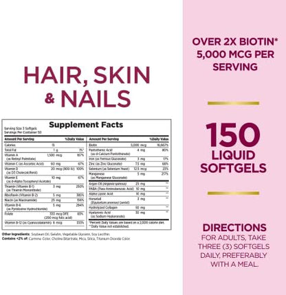 Nature's Bounty Advanced Hair, Skin & Nails, Argan-Infused Vitamin Supplement with Biotin and Hyaluronic Acid, 150 Rapid Release Softgels (Pack of 2)