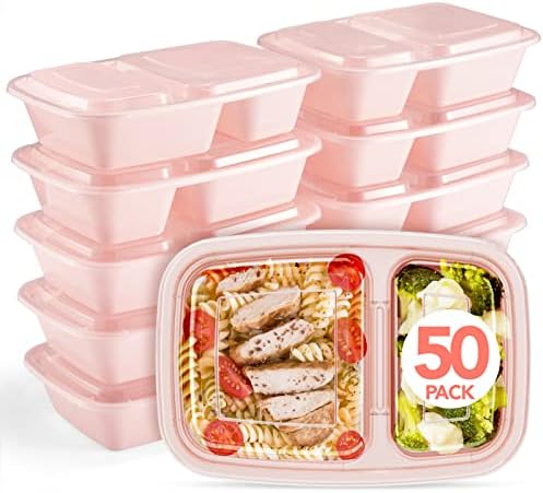 50 Pack Pink Meal Prep Containers 2 Compartments, Glotoch 32OZ to Go Containers for Food, Disposable Plastic Food Containers with Lids for Microwave Dishwasher Freezer Safe
