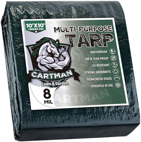CARTMAN Finished Size 10x10 Feet Waterproof Green Tarp 8 Mil Thick, Multipurpose Protective Cover for Emergency Rain Shelter Camping Tarpaulin