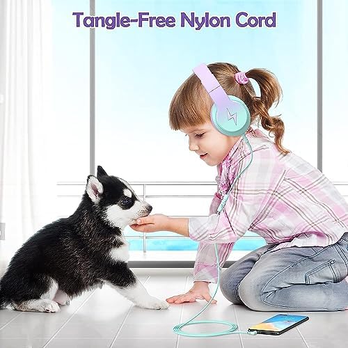 Kids Headphones, Wired Headphones for Kids Over Ear with Microphone, 85/94dB Volume Limiter Headphone for Girls Boys, Foldable Headphone for Learning & Entertainment,Gradient Purple
