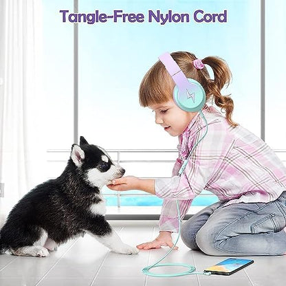 Kids Headphones, Wired Headphones for Kids Over Ear with Microphone, 85/94dB Volume Limiter Headphone for Girls Boys, Foldable Headphone for Learning & Entertainment,Gradient Purple