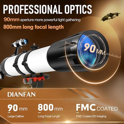 Dianfan Telescope,90mm Aperture 800mm Telescopes for Adults Astronomy,Portable Professional Refractor Telescope for Beginners,with Stainless Tripod & Phone Adapter,Carry Bag