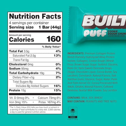 Built Bar, Puff Protein Bars, Cookie Dough Chunk Puff, 15g Protein Snacks, On-The-Go Bars, Only 160 Calories, 8g Sugar, Collagen, Not Gluten Free, 12 Count