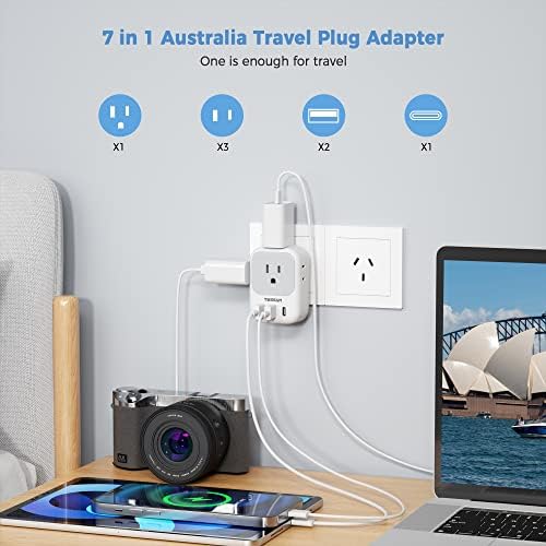 Australia New Zealand Power Adapter, TESSAN Type I Travel Adaptor with 4 American Outlets 3 USB Charger (1 USB C Port), Plug for US to Australian China Argentina Fiji Cook Islands AU