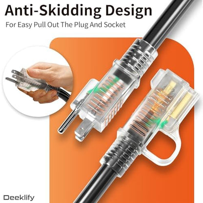 12/3 50 FT Heavy Duty Outdoor Extension Cord Waterproof with Lighted End,Black 12 Gauge Extension Cord Flexible and Cold Resistant 3 Prong Grounded Plug,15Amp 1875W SJTW ETL Listed