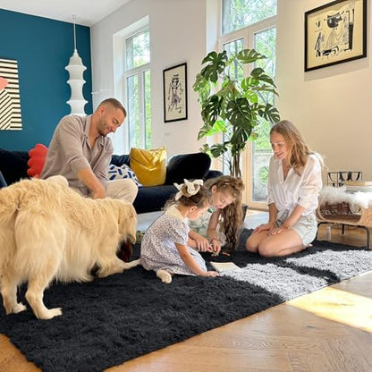 OLANLY Area Rugs for Living Room Bedroom, Machine Washable 4x5.9 ft Soft Fluffy Shaggy Bedside Rug, Indoor Floor Carpet for Kids Girls and Boys, Dorms, Nursery Rooms, Home Decor Aesthetic, Black