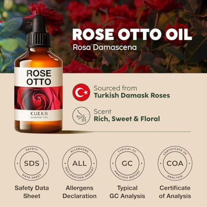 KUKKA Rose Otto Essential Oil for a Calming Retreat Promotes Smooth-Looking Skin with Rose Oil Essential Oil - 4 Fl Oz - Authentic Scent - Non-GMO and Cruelty-Free