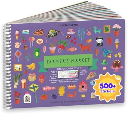 CUPKIN Sticker Book for Kids 2-4, 500+ Kids Stickers, Farmer's Market 12 Coloring Pages 12 Side by Side Scenes, Fun Toddler Travel Activity Coloring and Sticker Books for Children Ages 4-8 + 8-10