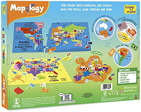 Imagimake Mapology USA & World Map Puzzle with Flags, Capitals, Stickers | Educational Toys for Ages 5-7 | Jigsaw Puzzles for Kids Ages 8-10 | Geography Toys for Ages 8-13 | 6 Year Old Boy/Girl Gifts