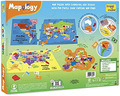 Imagimake Mapology USA & World Map Puzzle with Flags, Capitals, Stickers | Educational Toys for Ages 5-7 | Jigsaw Puzzles for Kids Ages 8-10 | Geography Toys for Ages 8-13 | 6 Year Old Boy/Girl Gifts