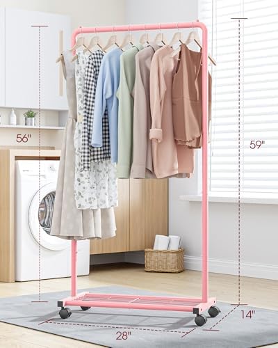 Clothes Rack - Clothing Rack with Storage Mesh Shelf & Casters, Heavy-Duty Metal Clothing Rack for Hanging Clothes, Dresses, Coats, Large Load Capacity, Easy Assembly, Pink, 28.0"x14.0"x59.0"