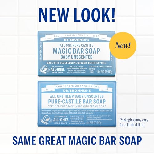 Dr. Bronner's Pure-Castile Magic Bar Soap (Baby Unscented, 5 oz, 6-Pack) - Made with Regenerative Organic Certified Oils, For Face, Body & Hair, Gentle for Sensitive Skin - Vegan, Non-GMO