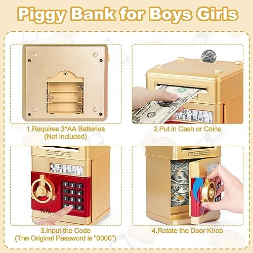 Refasy Piggy Bank Cash Coin Can ATM Bank Electronic Coin Money Bank for Kids Age 3-12, Money Savings Box Mini ATM Coin Bank Toys Gifts for 3 4 5 6 7 8 9 10 11 12 Year Old Boys Girls