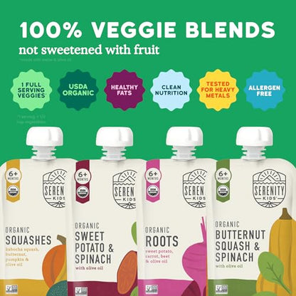 Serenity Kids 6+ Months Veggie Puree Organic Baby Food Pouches - No Added Sugar, Allergen-Free & BPA-Free Baby Snacks - 3.5 Oz, 8 Pack