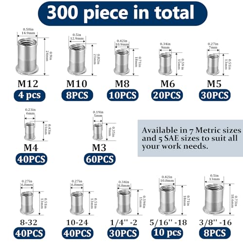 Metric & SAE Rivet Nut Assortment Kit(300 Pcs), M3 M4 M5 M6 M8 M10 M12#8-32#10-24 1/4"-20 5/16"-18 3/8"-16 304 Stainless Steel Rivnut Set UNC Flat Head Nutsert