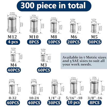 Metric & SAE Rivet Nut Assortment Kit(300 Pcs), M3 M4 M5 M6 M8 M10 M12#8-32#10-24 1/4"-20 5/16"-18 3/8"-16 304 Stainless Steel Rivnut Set UNC Flat Head Nutsert